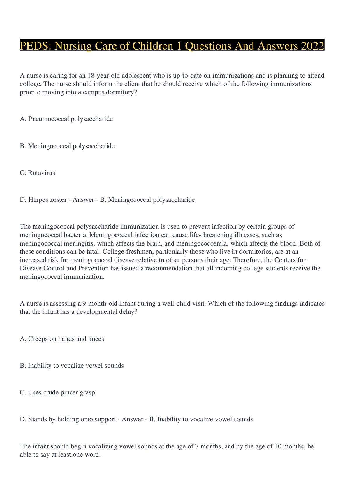 Preview image for PEDS: Nursing Care of Children 1 Questions And Answers 2022